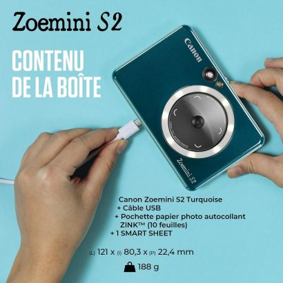 Appareil photo couleur instantané Canon Zoemini S2, Turquoise (4519C008AB)  prix Maroc