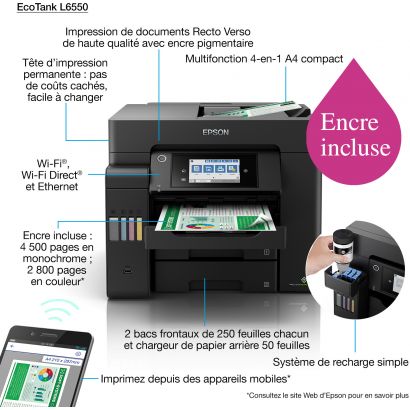 Imprimante multifonction à réservoirs rechargeables Epson EcoTank L6550 (C11CJ30403)