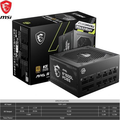 Alimentation MSI MAG A750GL PCIE5 750W 80 Plus Gold (306-7ZP8B11-CE0)